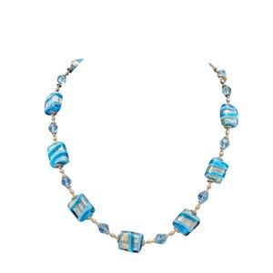 Vintage LCG 925 Sterling Silver Blue Striped Foil Murano Bead 18"-21" Necklace